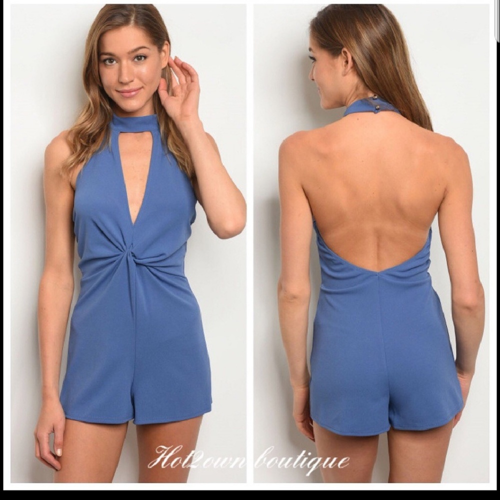 Dusty Blue Backless Romper